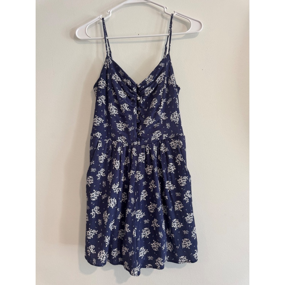 Love Clothing Floral Button Front Romper Womens Small Navy Blue Pockets